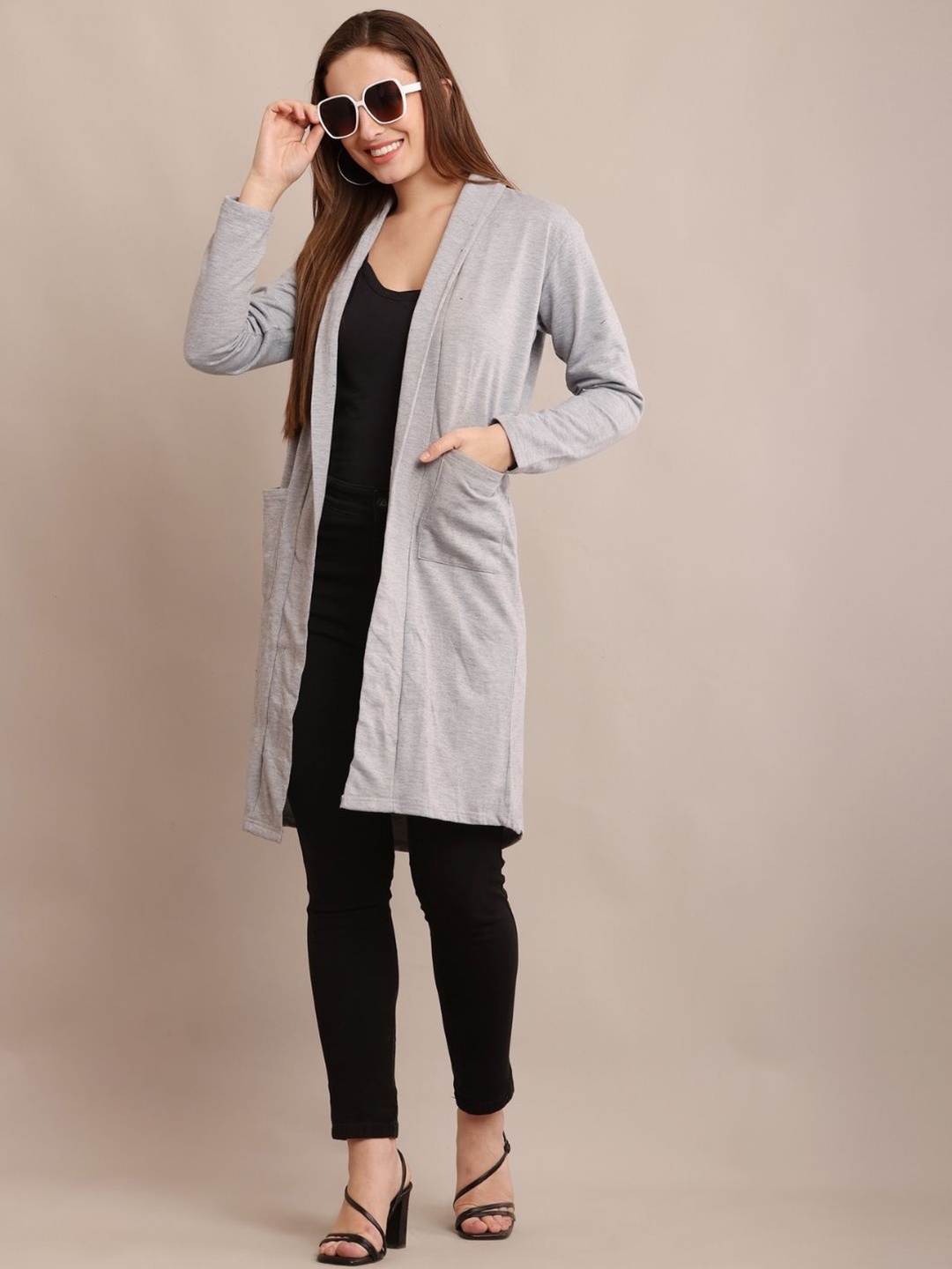 

Raabta Fashion Open Front Fleece Longline Shrug, Grey