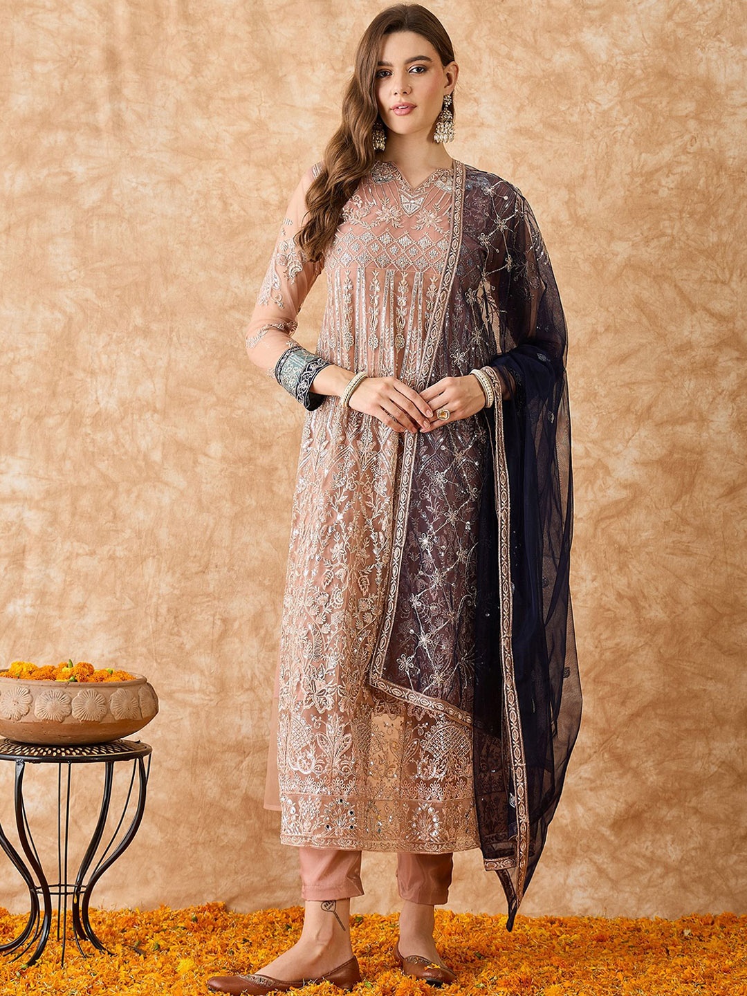 

KALINI Floral Embroidered Zari Semi-Stitched Dress Material, Beige