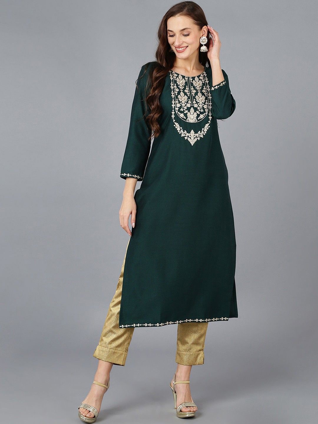 

AHIKA Floral Embroidered Straight Kurta, Green