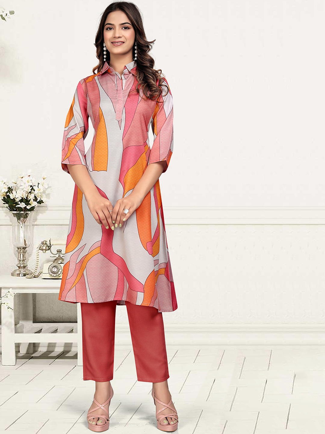 

Aika Abstract Printed Shirt Collar A-Line Kurta With Trousers, Orange