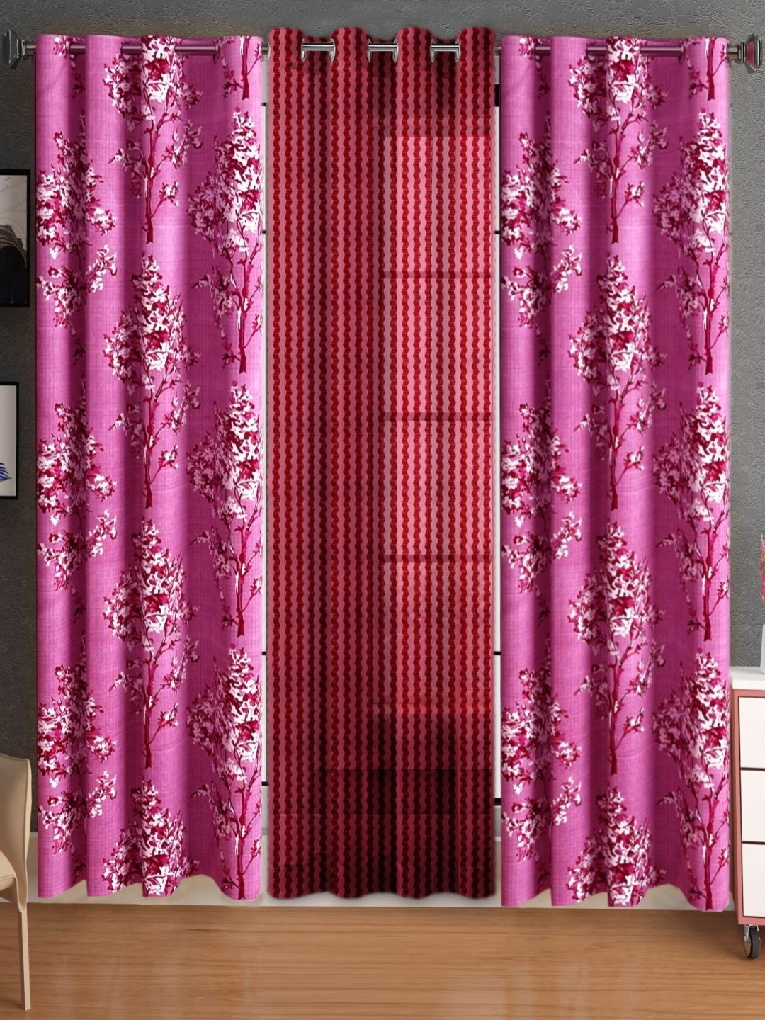 

Lunar Days Pink & White 3 Pieces Floral Room Darkening Long Door Curtains