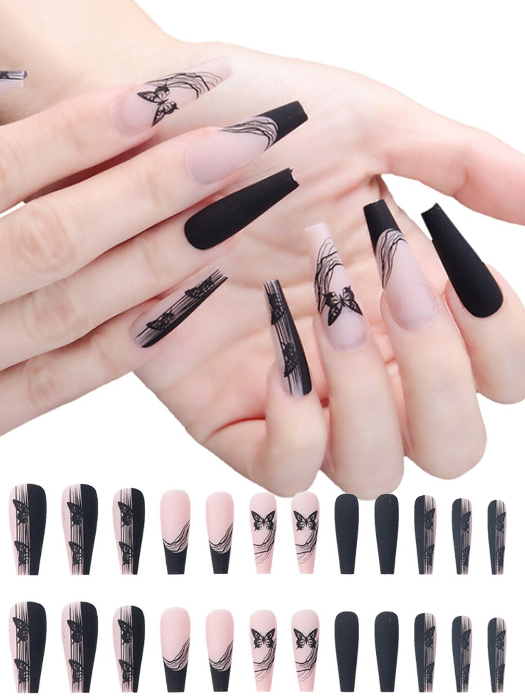 

Secret Lives 24 Pcs Long Matte Butterfly Design False Nails with Manicure Kit - Nude
