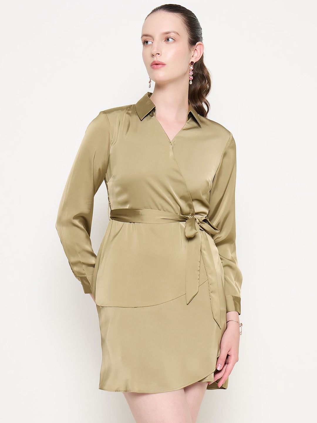 

Madame Women Shirt Collar Long Sleeves Wrap Mini Dress, Green