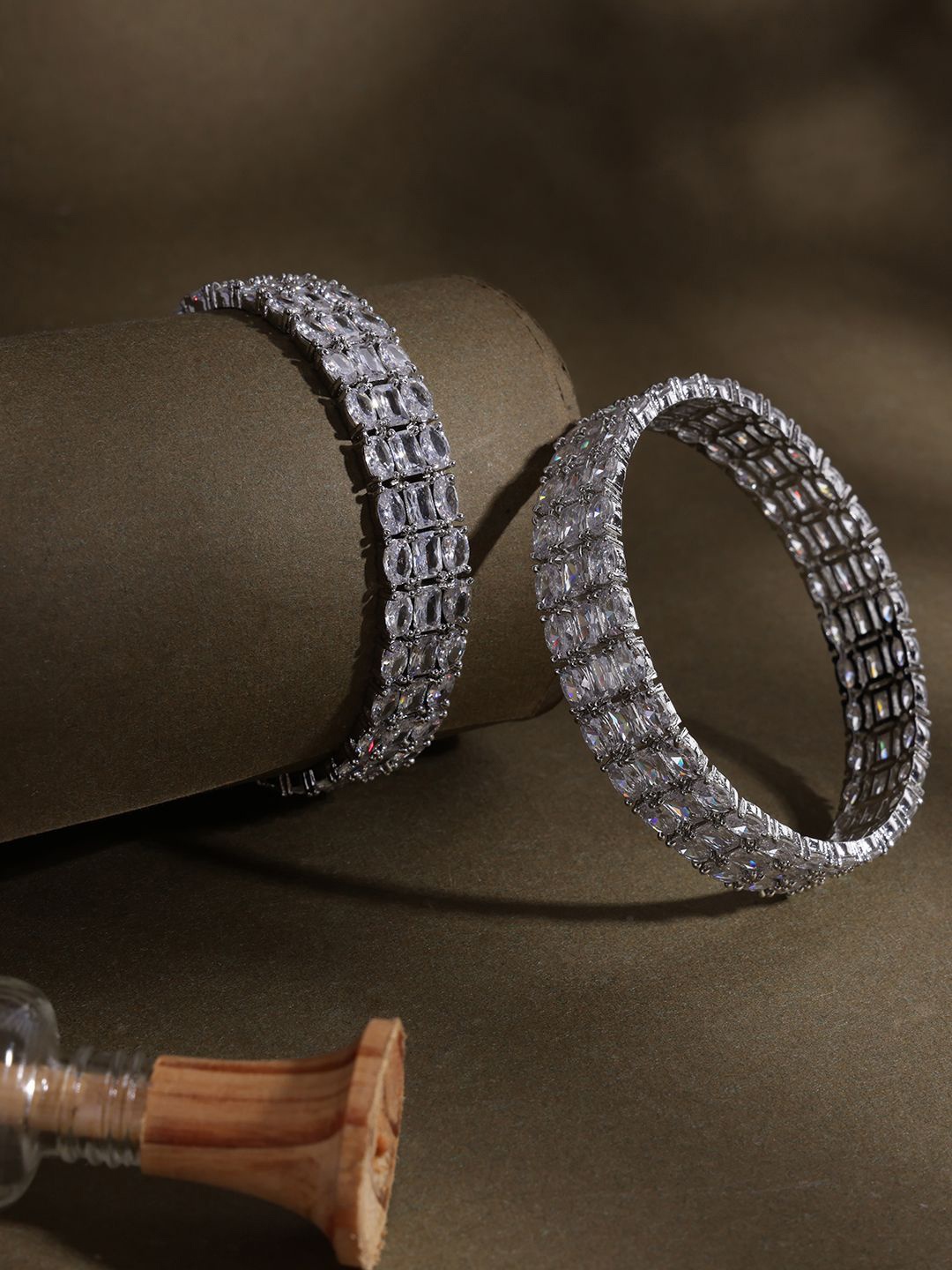 

Anouk Set Of 2 Rhodium Plated American Diamond-Studded Bangles, Silver