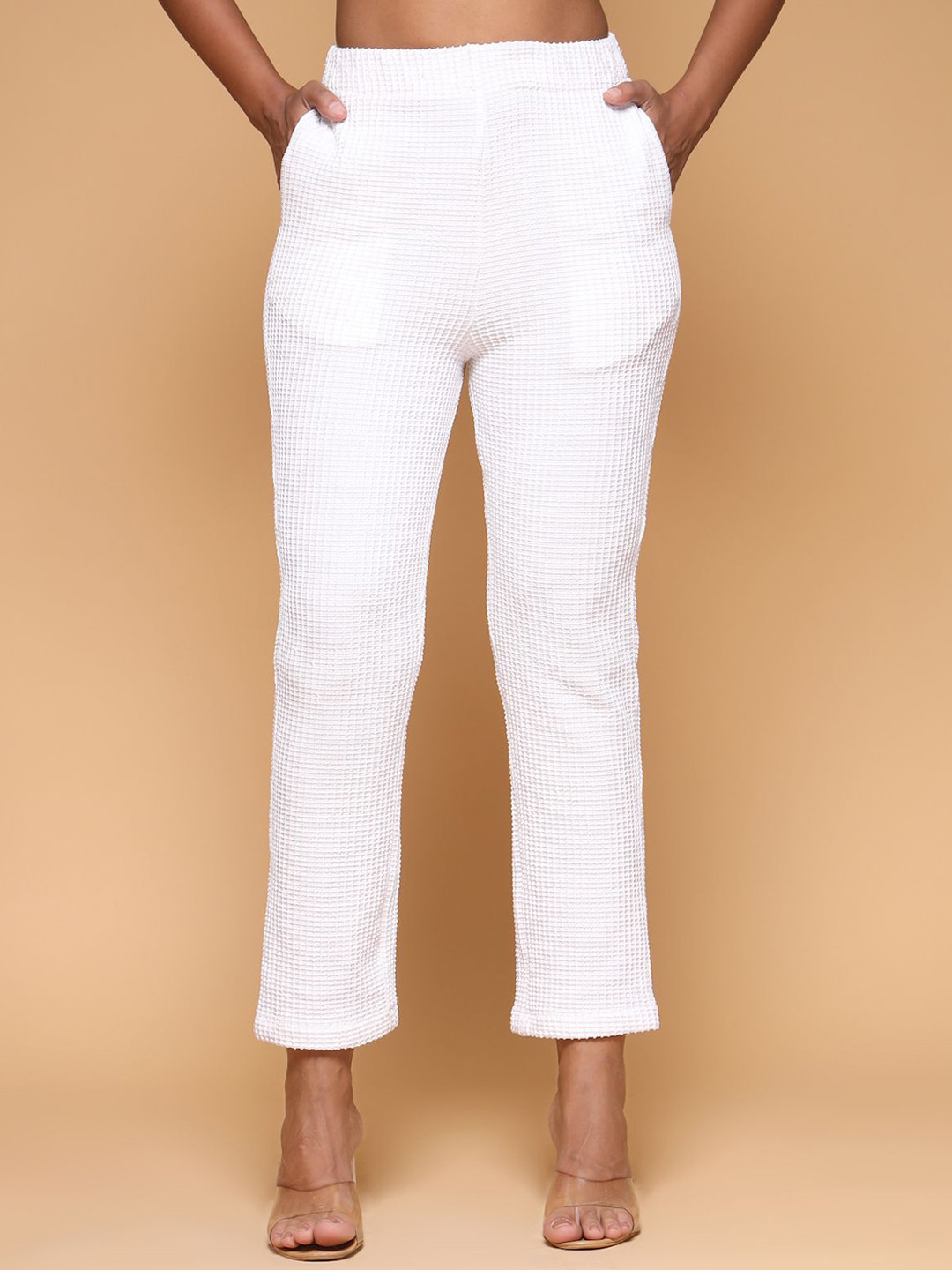 

KATLINE Women Self Design Mid-Rise Regular Fit Trousers, White
