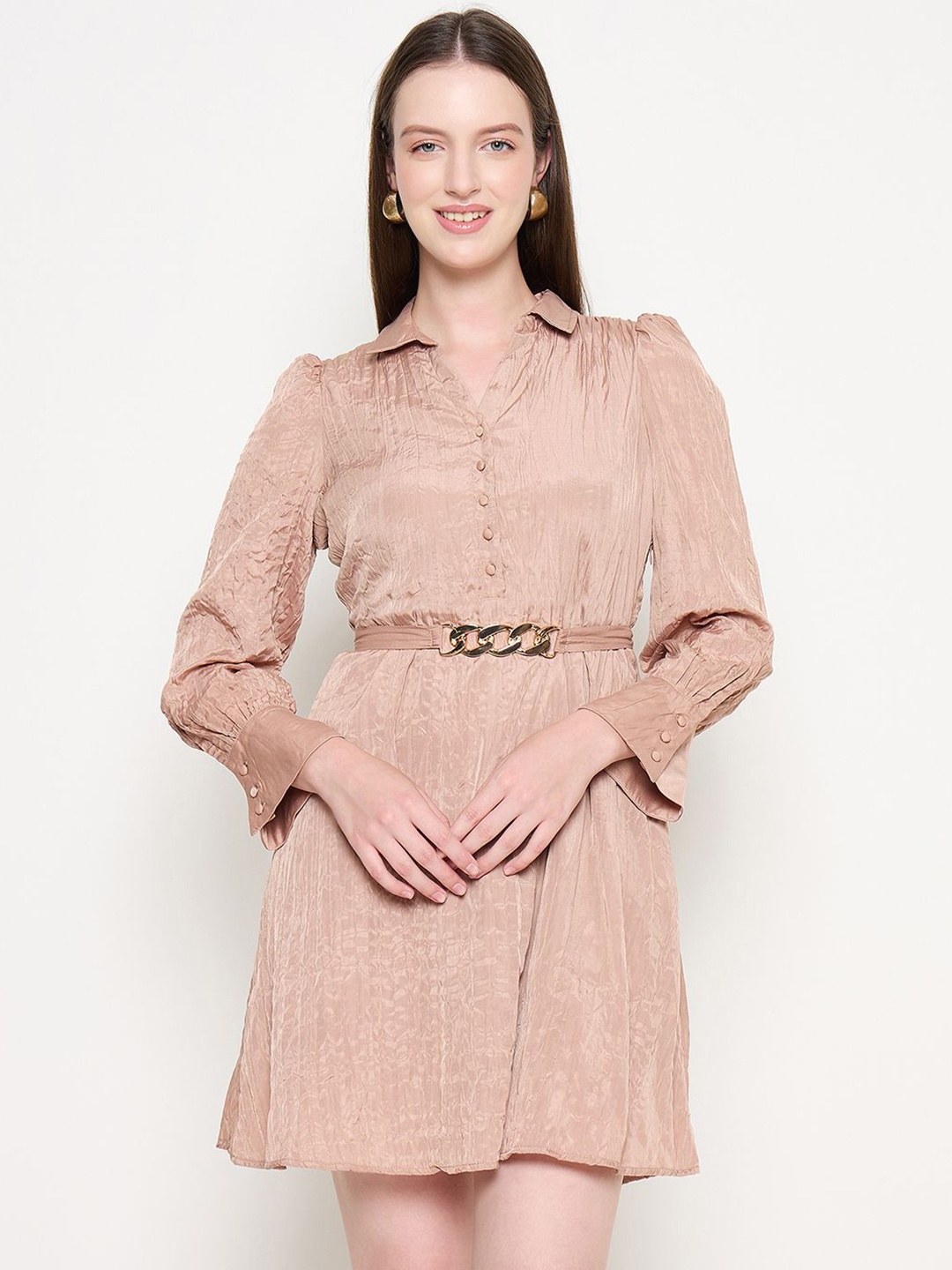 

Madame Women Cuffed Sleeve Shirt Dress, Brown