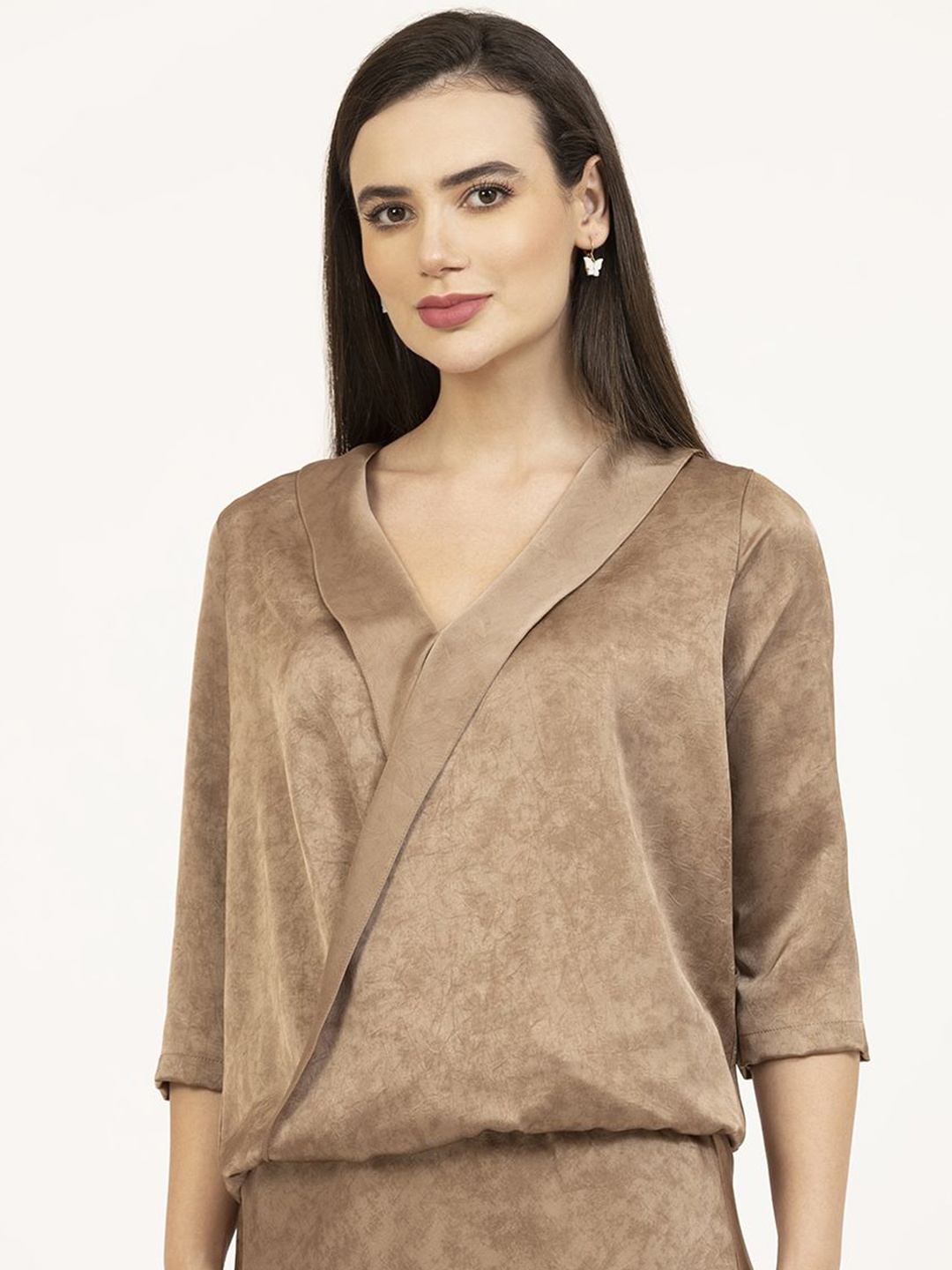 

OFFICE & YOU Satin Wrap Top, Brown