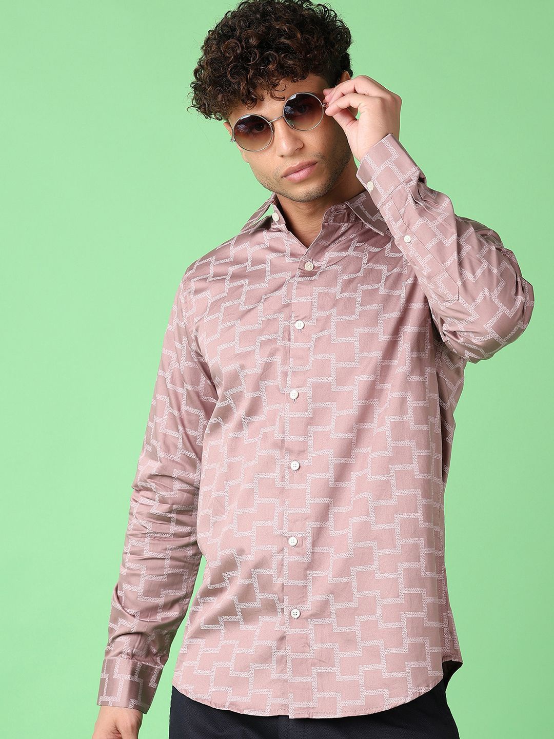

J White by Vmart Men Spread Collar Abstract Printed Satin Casual Shirt, Mauve