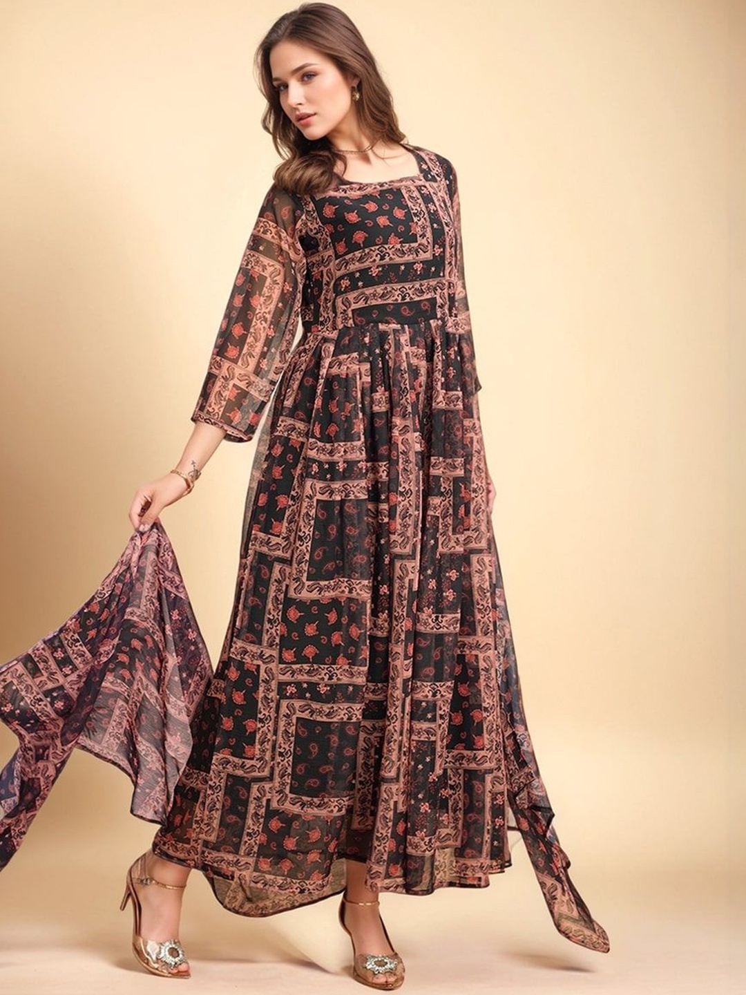 

all about you Women Printed Square Neck Ethnic Dresses With Dupatta, Brown