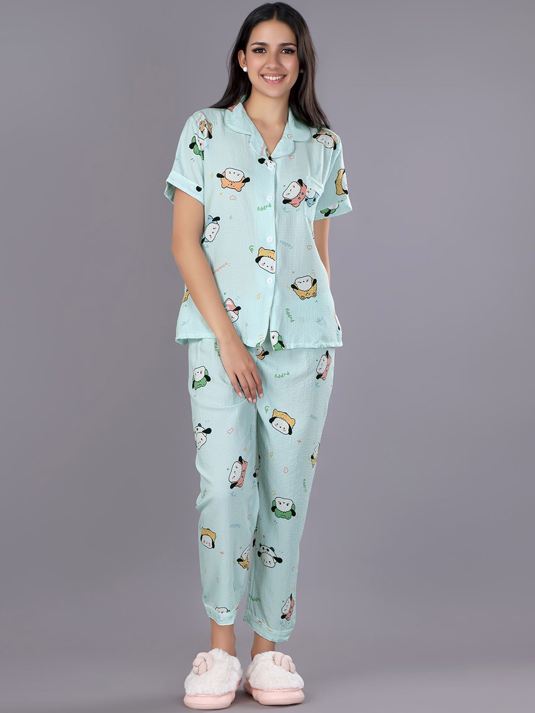 

ANSEE by Addery Women Bear Graphic Printed Nightwear Night suit, Blue