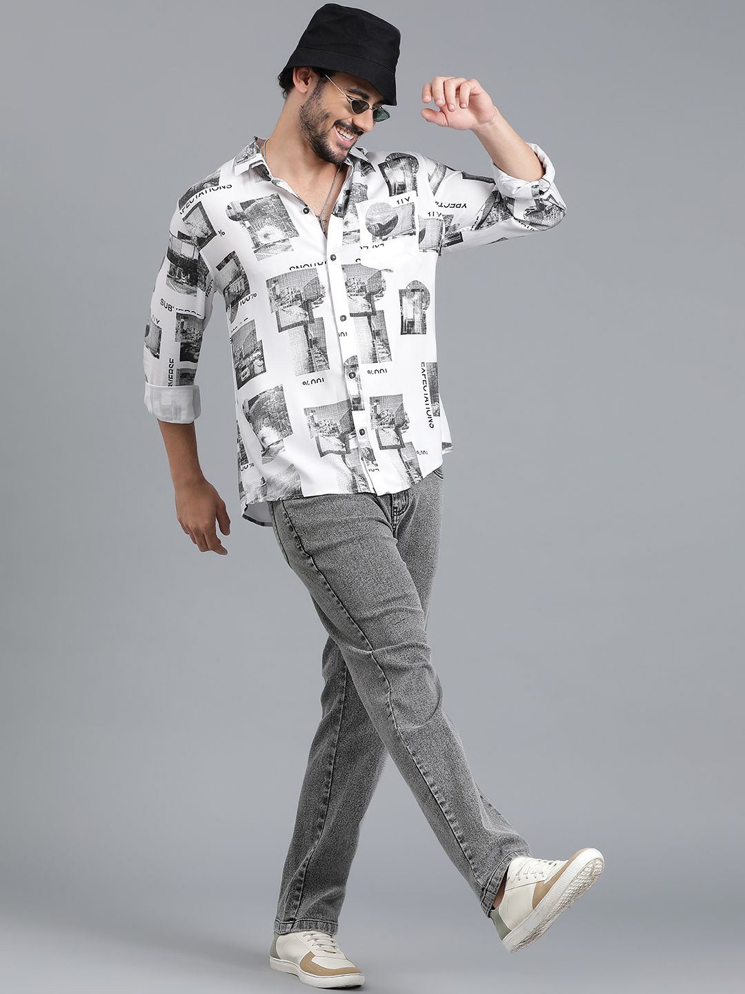 

Kotty Men Spread Collar Graphic Printed Cotton Casual Shirt, White