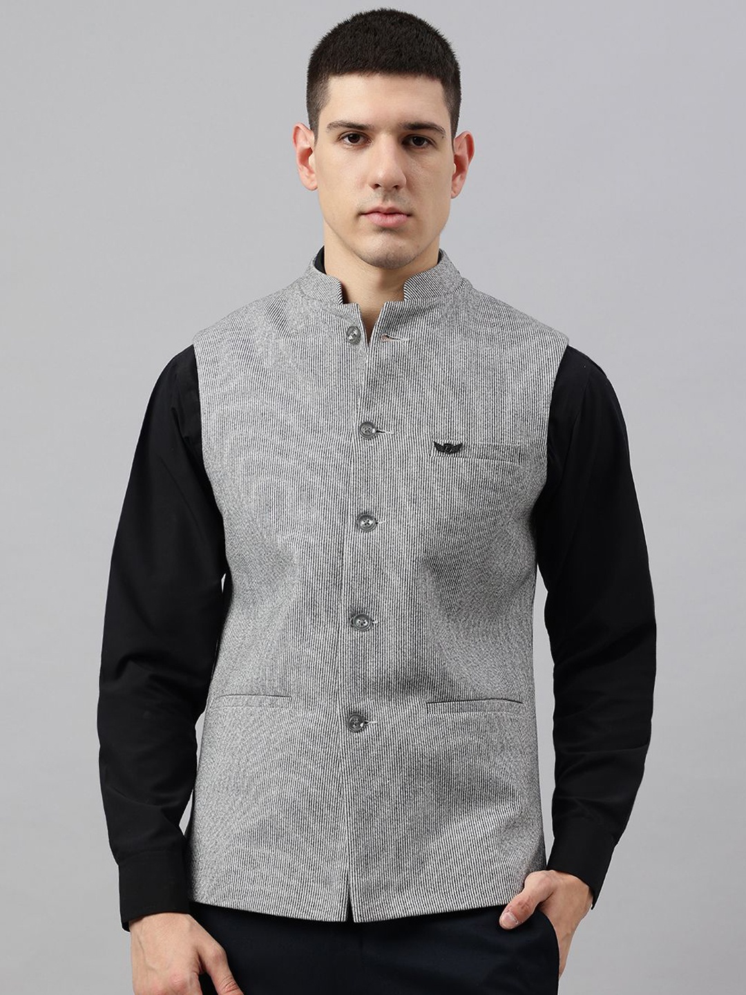 

Richlook Men Striped Woven Nehru Jackets, Grey