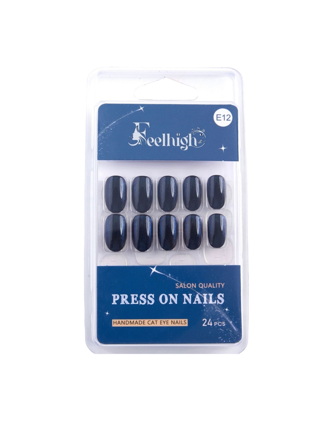 

FEELHIGH Set Of 24 Press On Cat Eye Reusable Artificial Nails - E-12, Navy blue