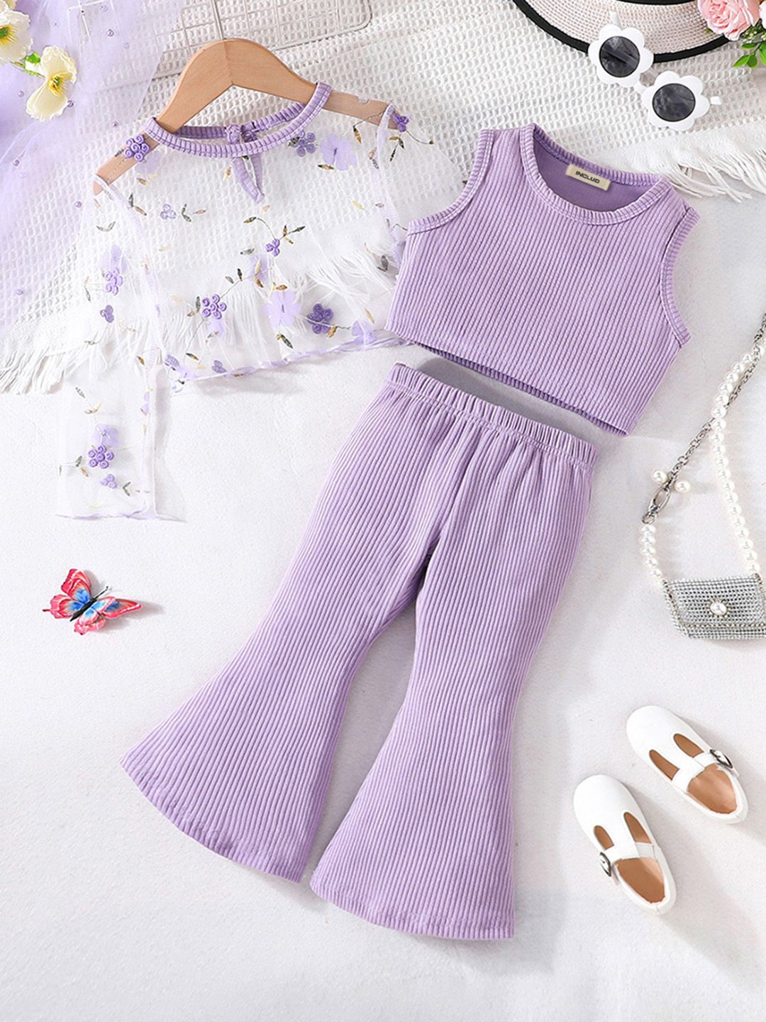

INCLUD Girls Embroidered Round Neck Long Sleeves Top With Top With Trouser, Purple