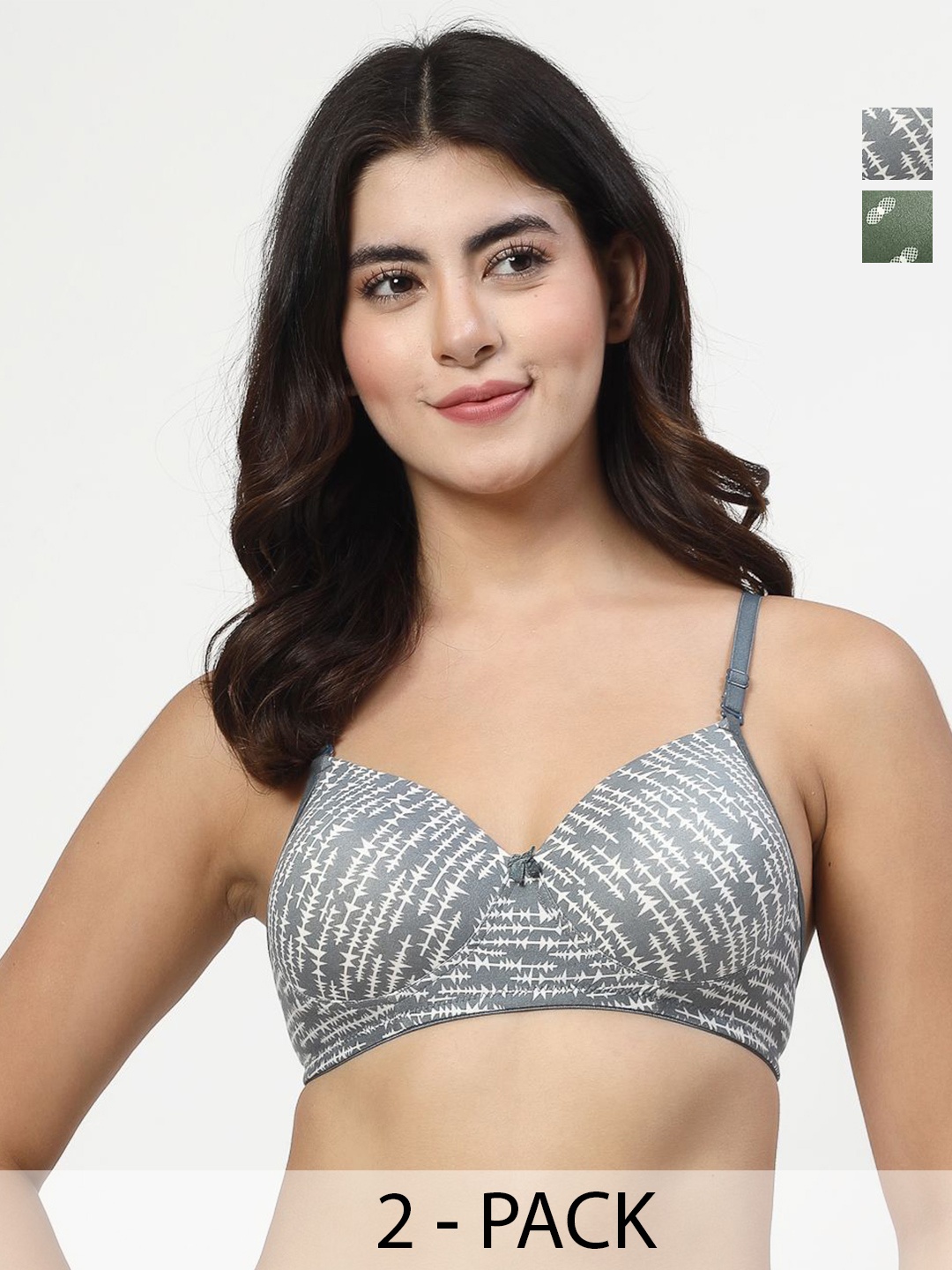 

Docare Pack Of 2 Cotton Cut and Sew T-shirt Abstract Printed Full Coverage Bra, Grey