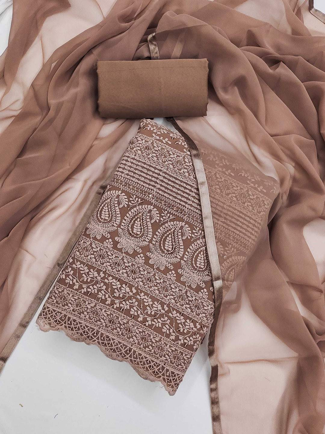 

KALINI Floral Embroidered Unstitched Dress Material, Brown