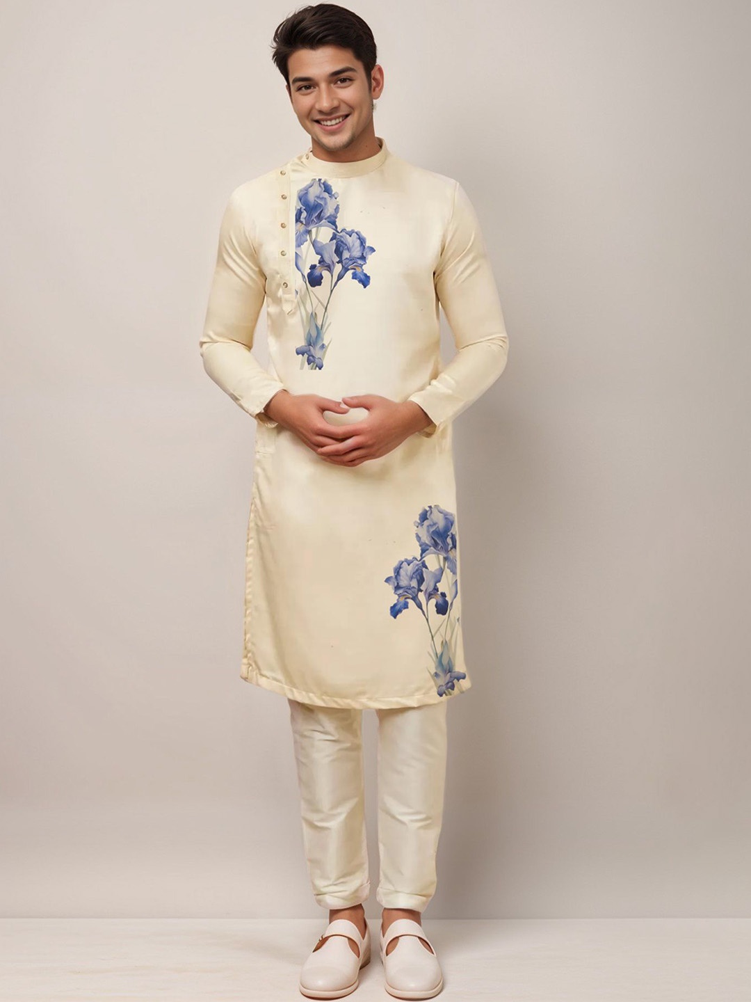 

DEVOILER Floral Printed Thread Work Mandarin Collar Side Placket Cotton Straight Kurta, Beige