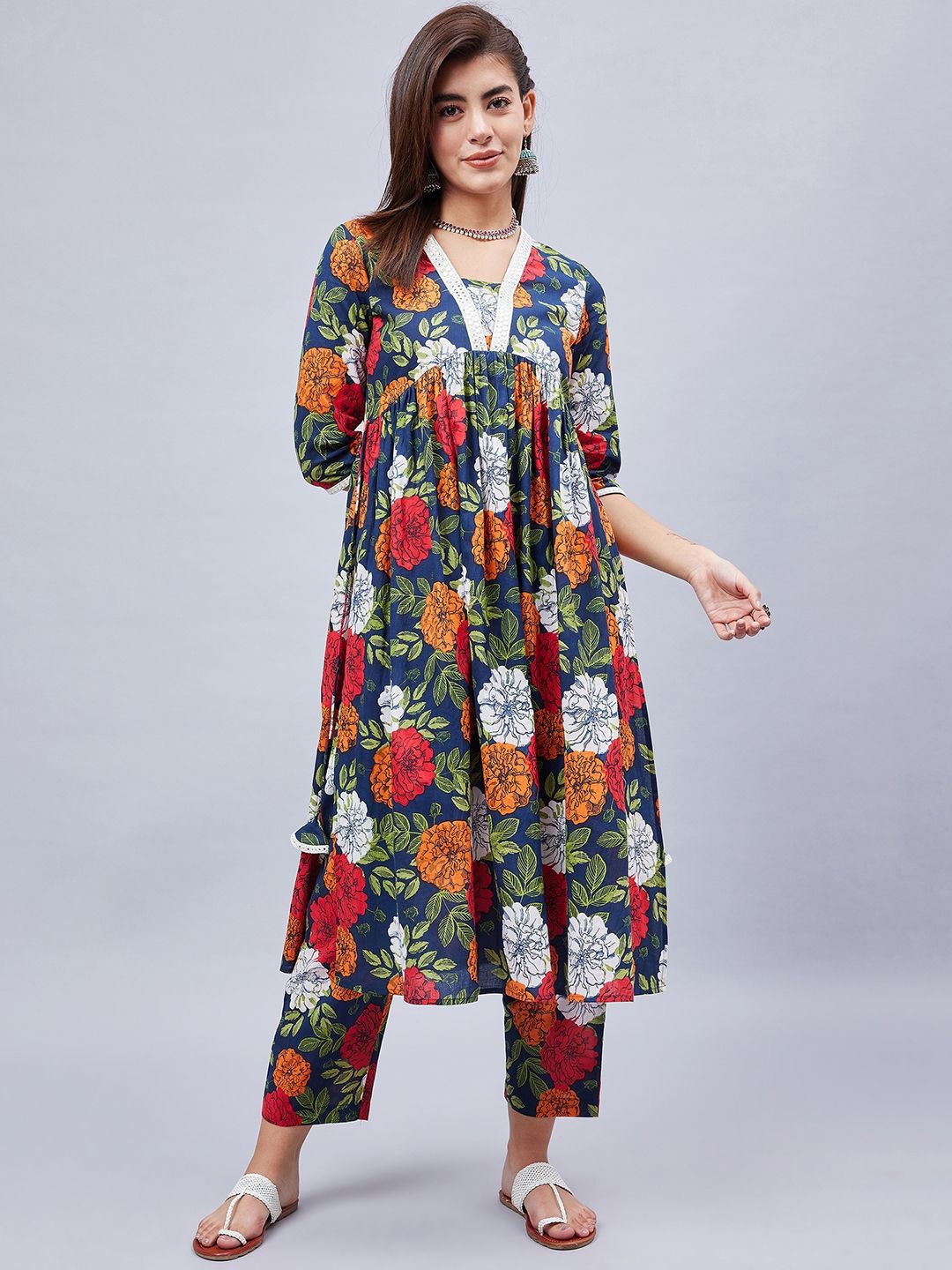 

WineRed Floral Printed V-Neck Empire Mirror Work Pure Cotton A-Line Kurta With Trouser, Navy blue