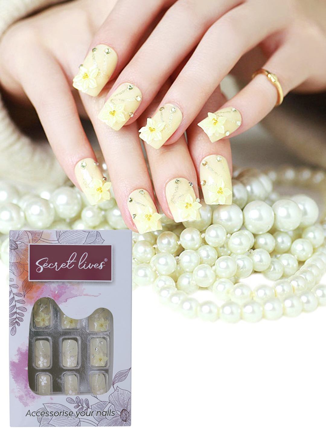 

Secret Lives 24 Pieces 3D Flowers & Pearl Design Fake Nail Extensions, Yellow