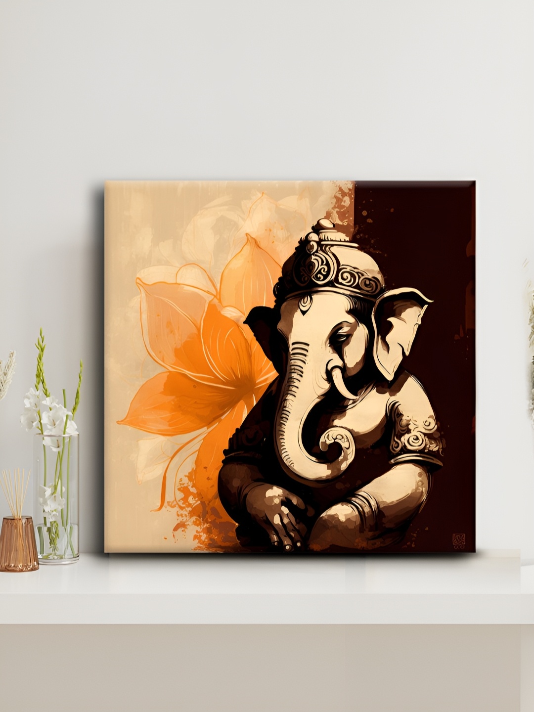 

OLIVE TREE Cream Colored & Brown Lord Ganesha Canvas Painting Wall Art