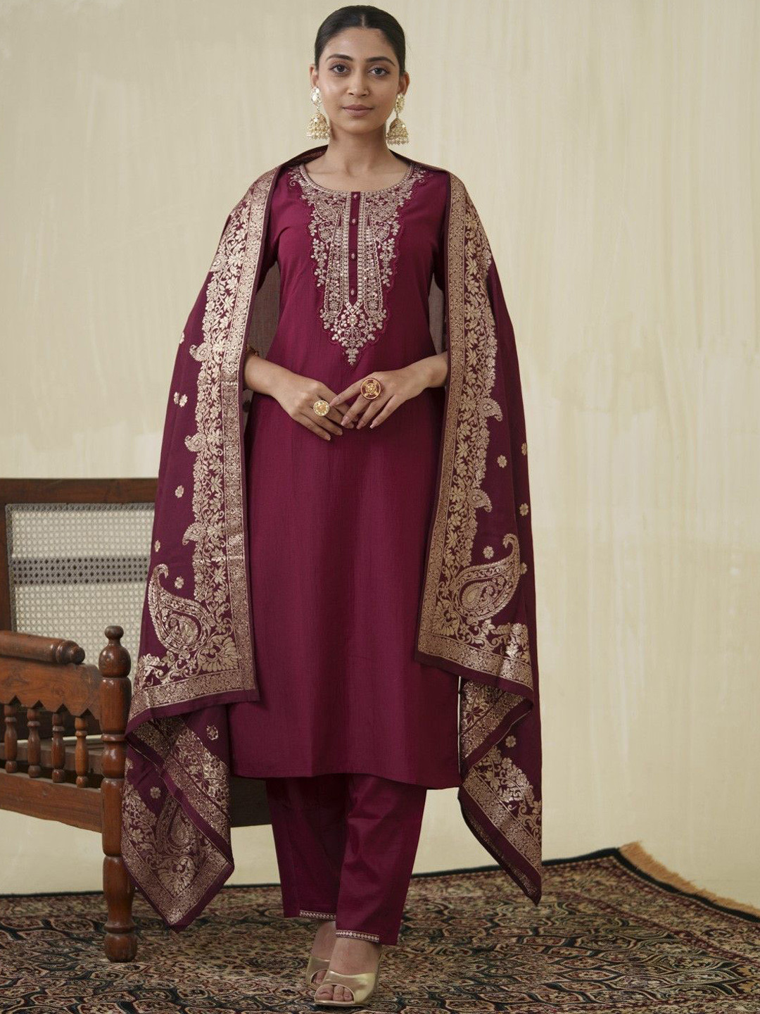 

AUTUMN LANE Floral Embroidered Straight Kurta With Trouser & Dupatta, Maroon