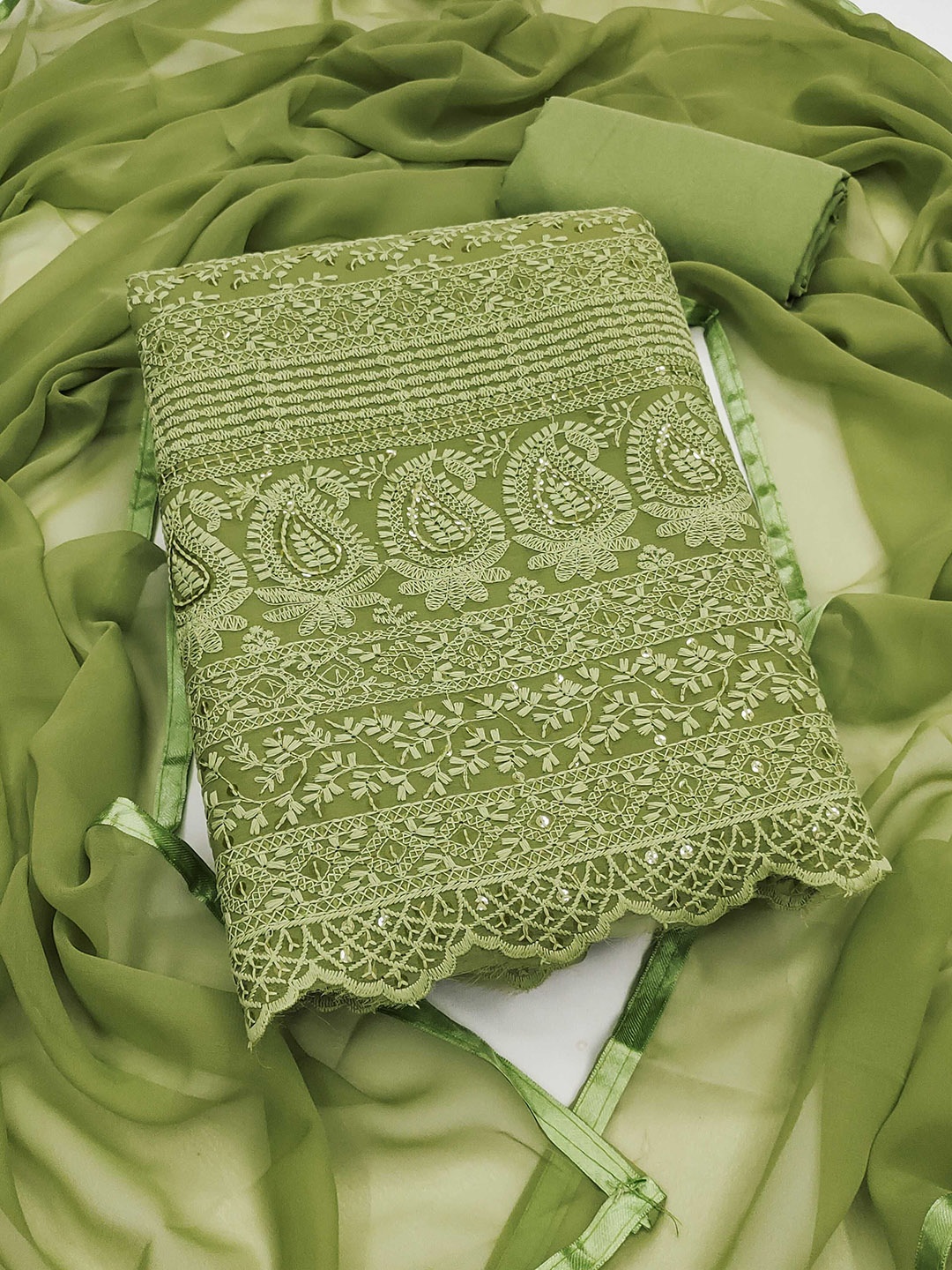 

Panzora Paisley Embroidered Sequinned Unstitched Dress Material, Green