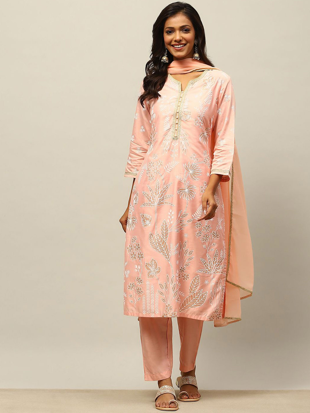 

Rangriti Floral Printed Straight Kurta With Palazzos & Dupatta, Pink