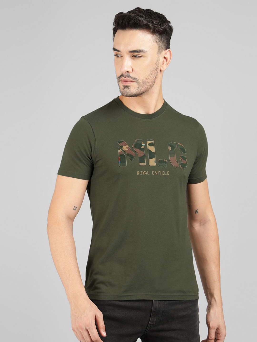 

Royal Enfield Men Typography Printed Round Neck Cotton T-shirt, Green