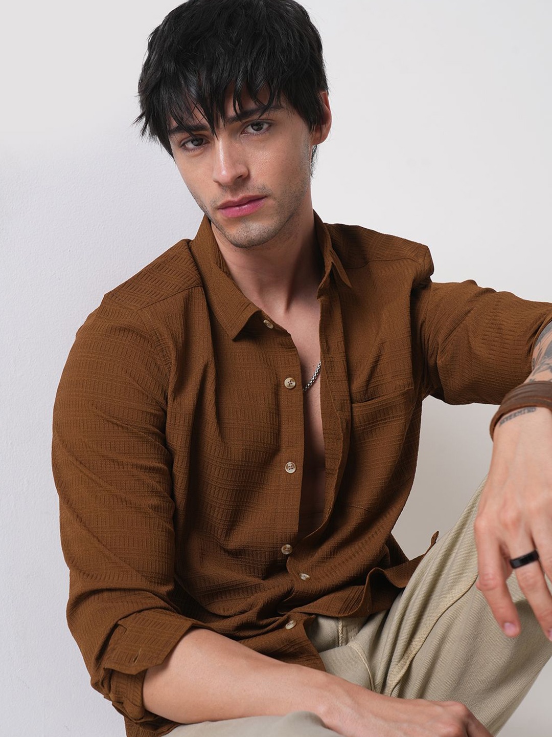 

VASTRADO Men Classic Spread Collar Textured Slim Fit Casual Shirt, Brown