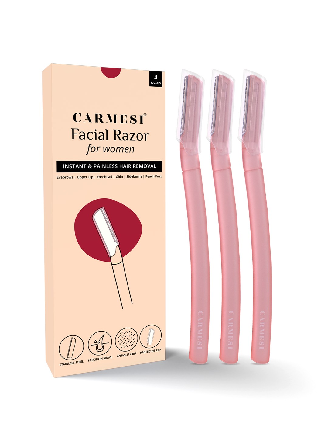 

CARMESI Set of 3 Women Face Razors for Instant & Painless Hair Removal, Pink