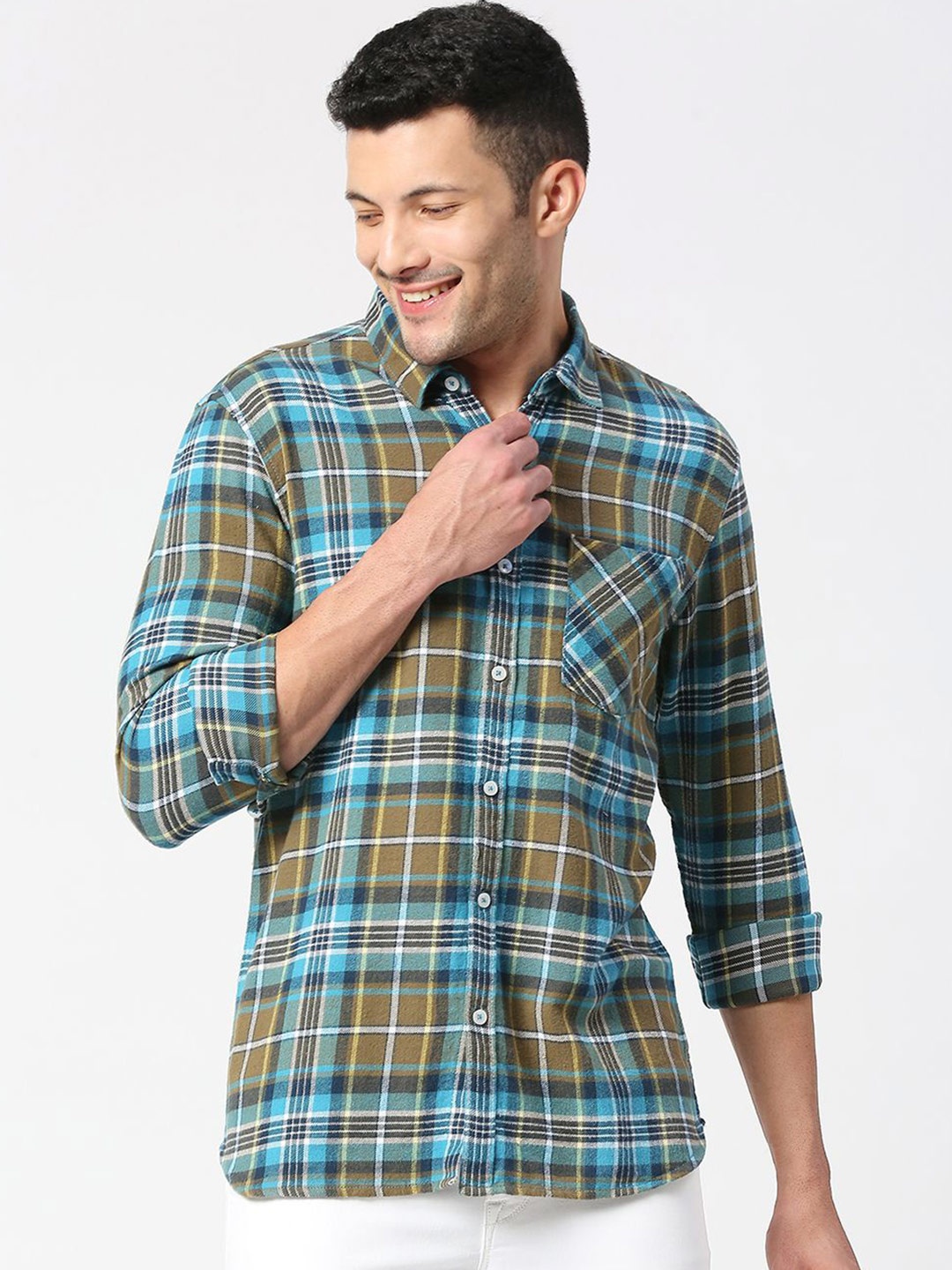 

SNX Men Spread Collar Tartan Checked Cotton Casual Shirt, Turquoise blue