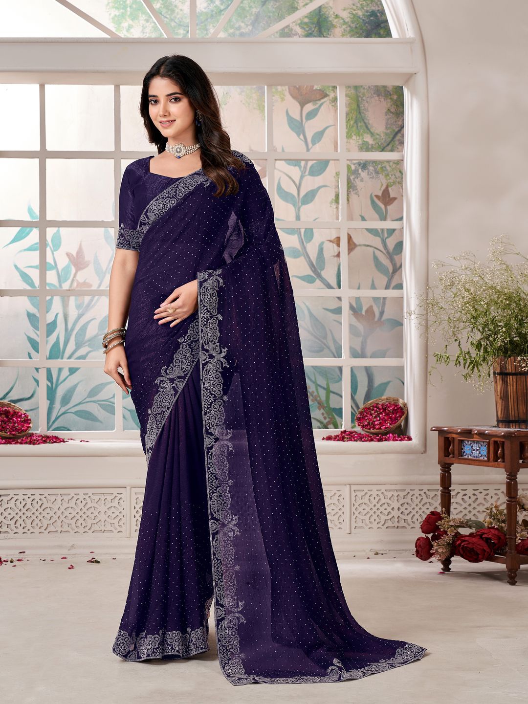 

Arron Creats Embellished Embroidered Saree, Purple