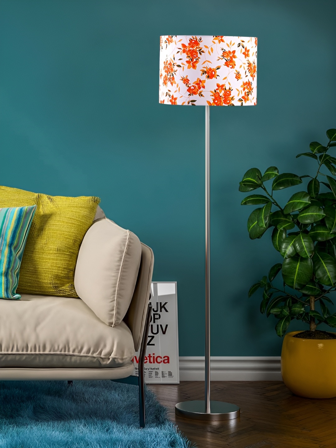 

Devansh White & Orange Coloured Floral Printed Drum Shaped Steel Base Floor Lamp