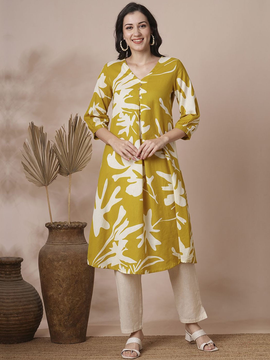 

KALINI Floral Printed Pleated Pure Cotton Kurta With Trousers, Mustard