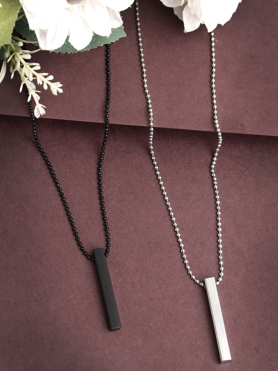 

NVR Men Set of 2 Rhodium-Plated Bar Pendants with Chains, Silver