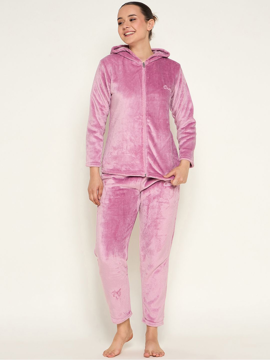 

Camey Women Solid Hooded Night suit, Pink