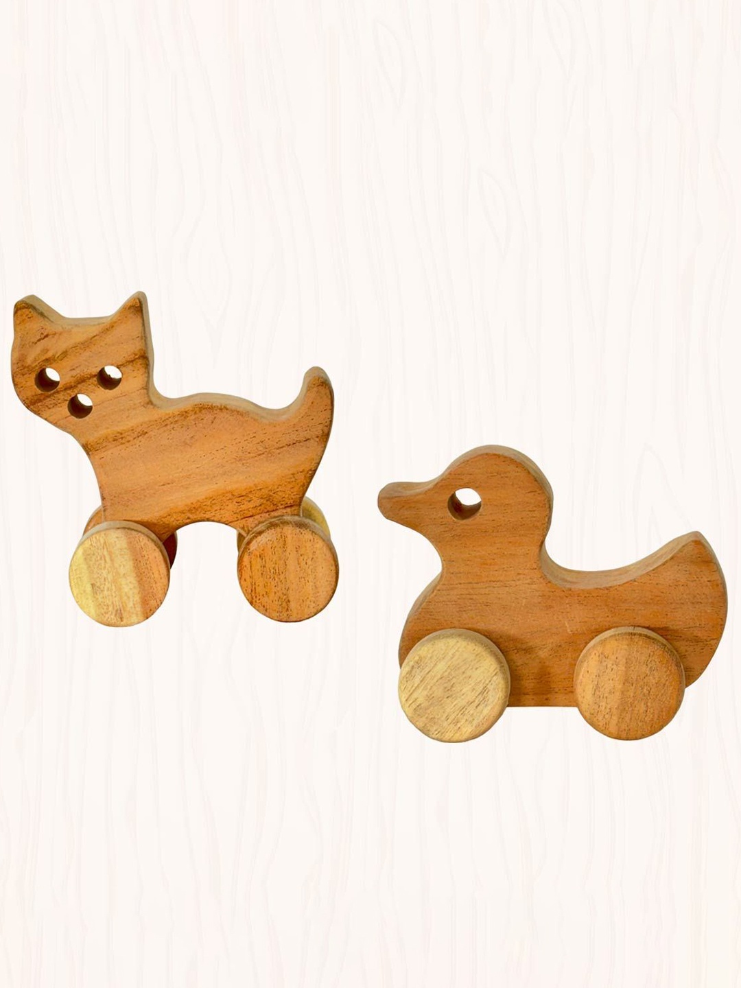 

LITTLE GINNIE 2 Pcs Duck & Cat Wooden Wheel Toys, Brown