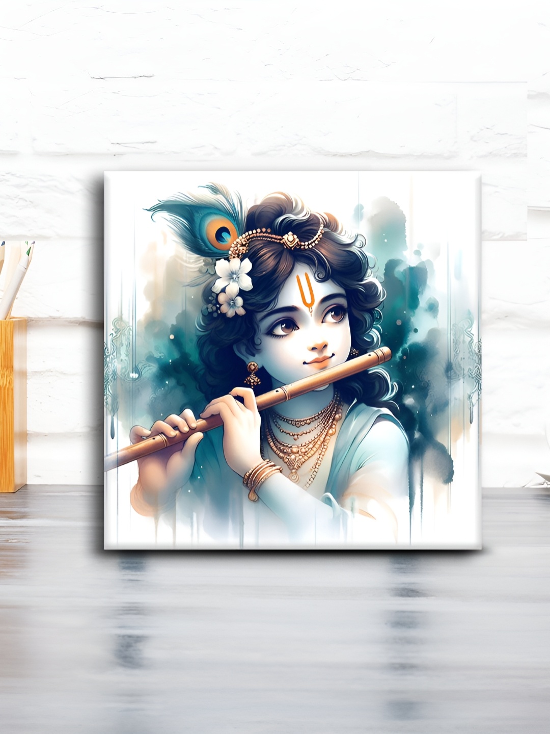 

OLIVE TREE Blue & Grey Lord Krishna Canvas Painting Wall Art