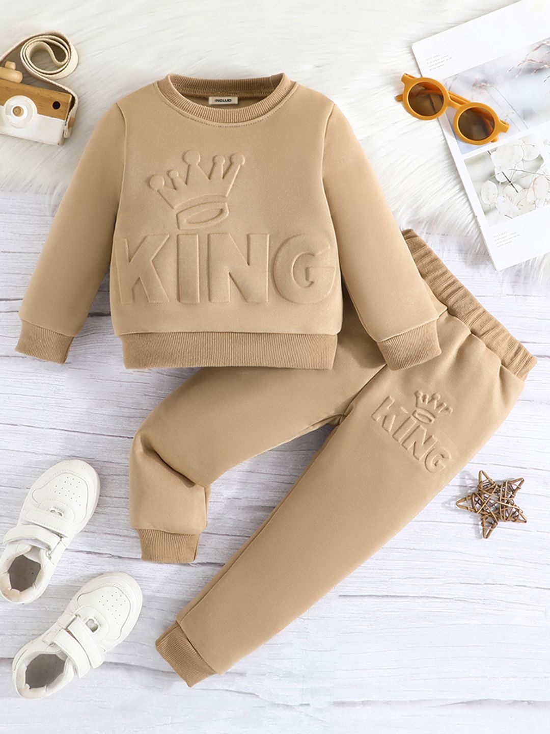 

INCLUD Boys Self Design Round Neck Long Sleeves Sweatshirt With Jogger, Khaki