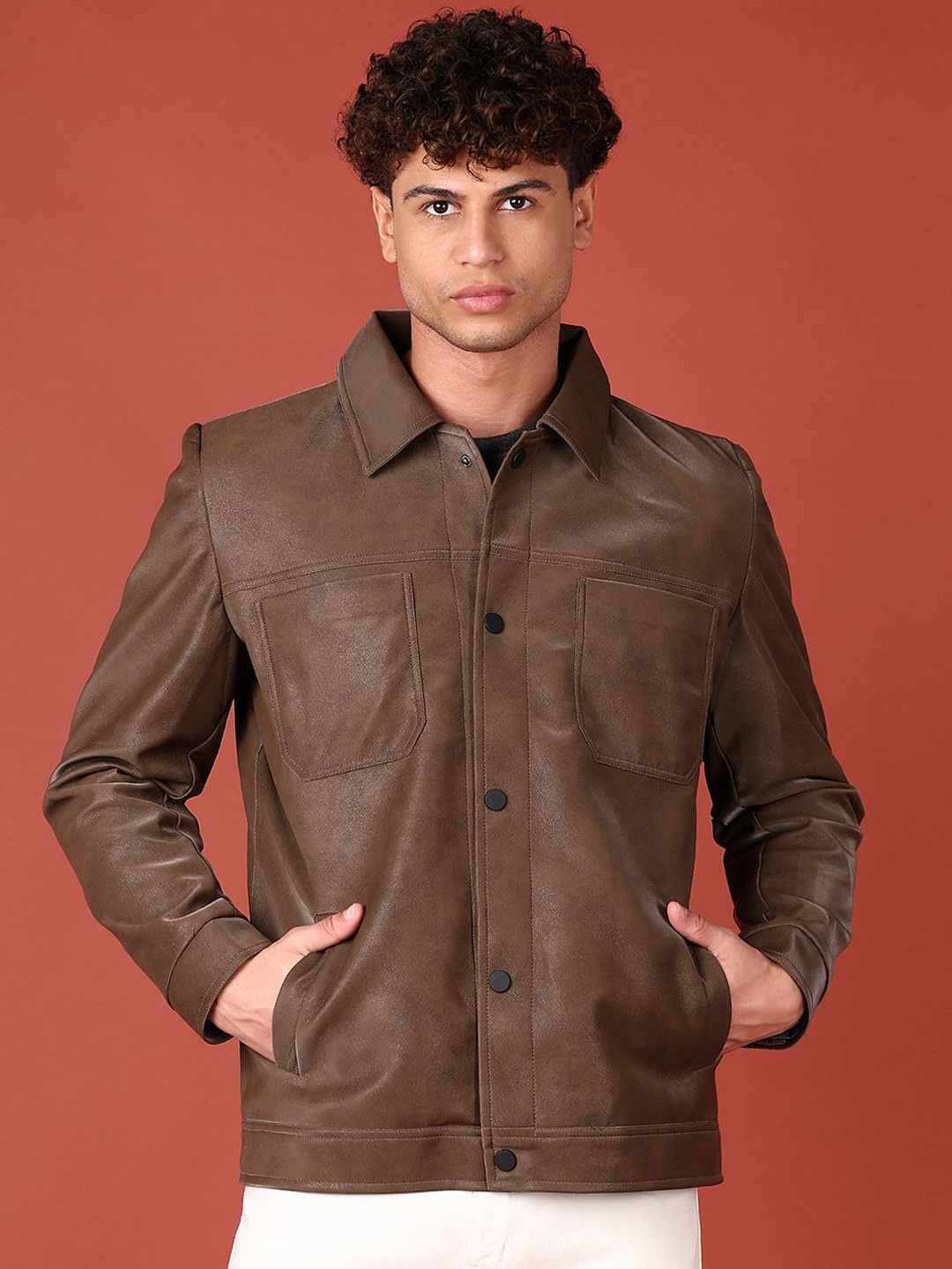 

V-Mart Men Spread Collar Solid Cotton Casual Leather Jacket, Brown