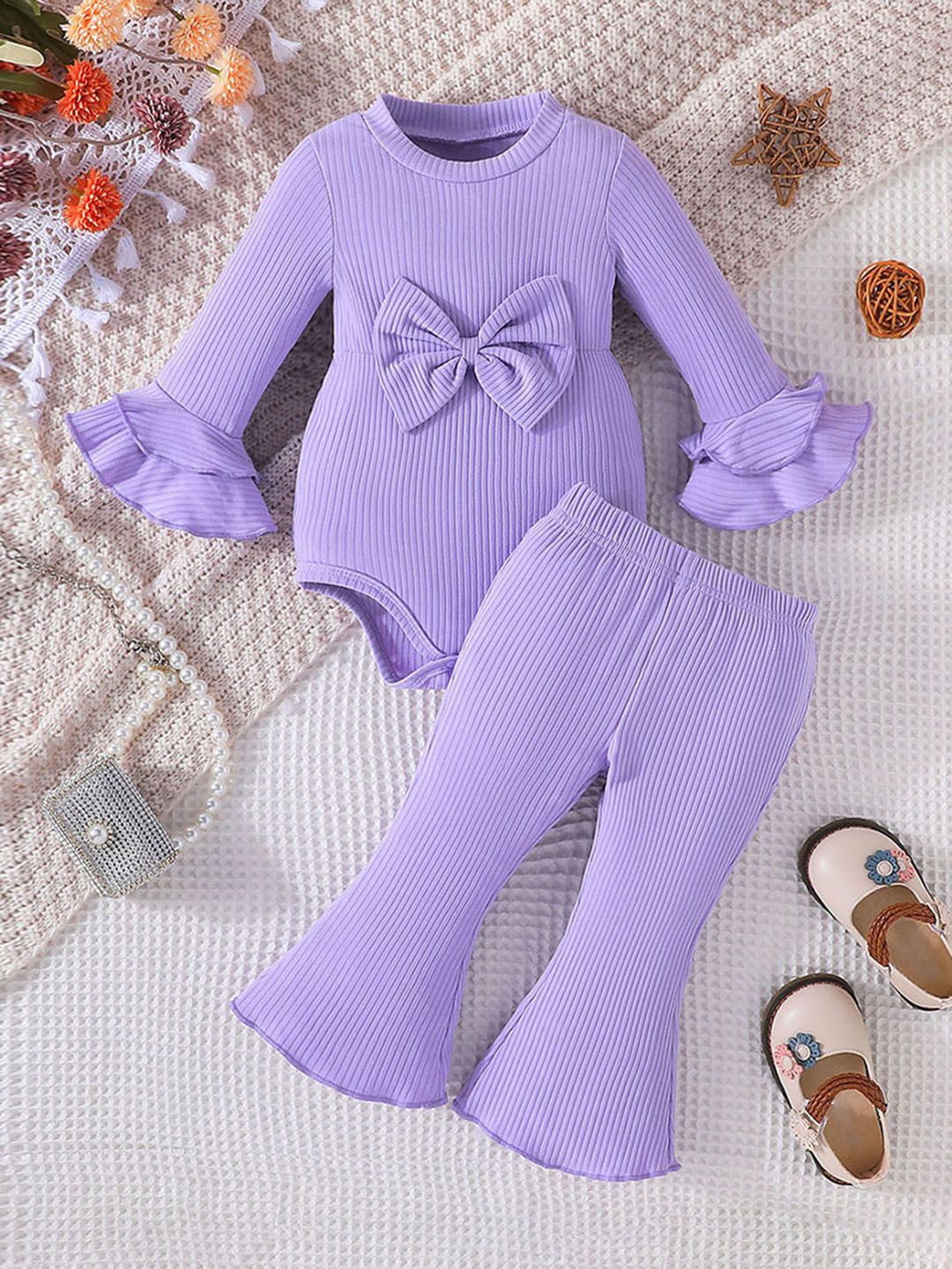 

INCLUD Girls Self Design Round Neck Long Sleeves Top With Trouser, Purple