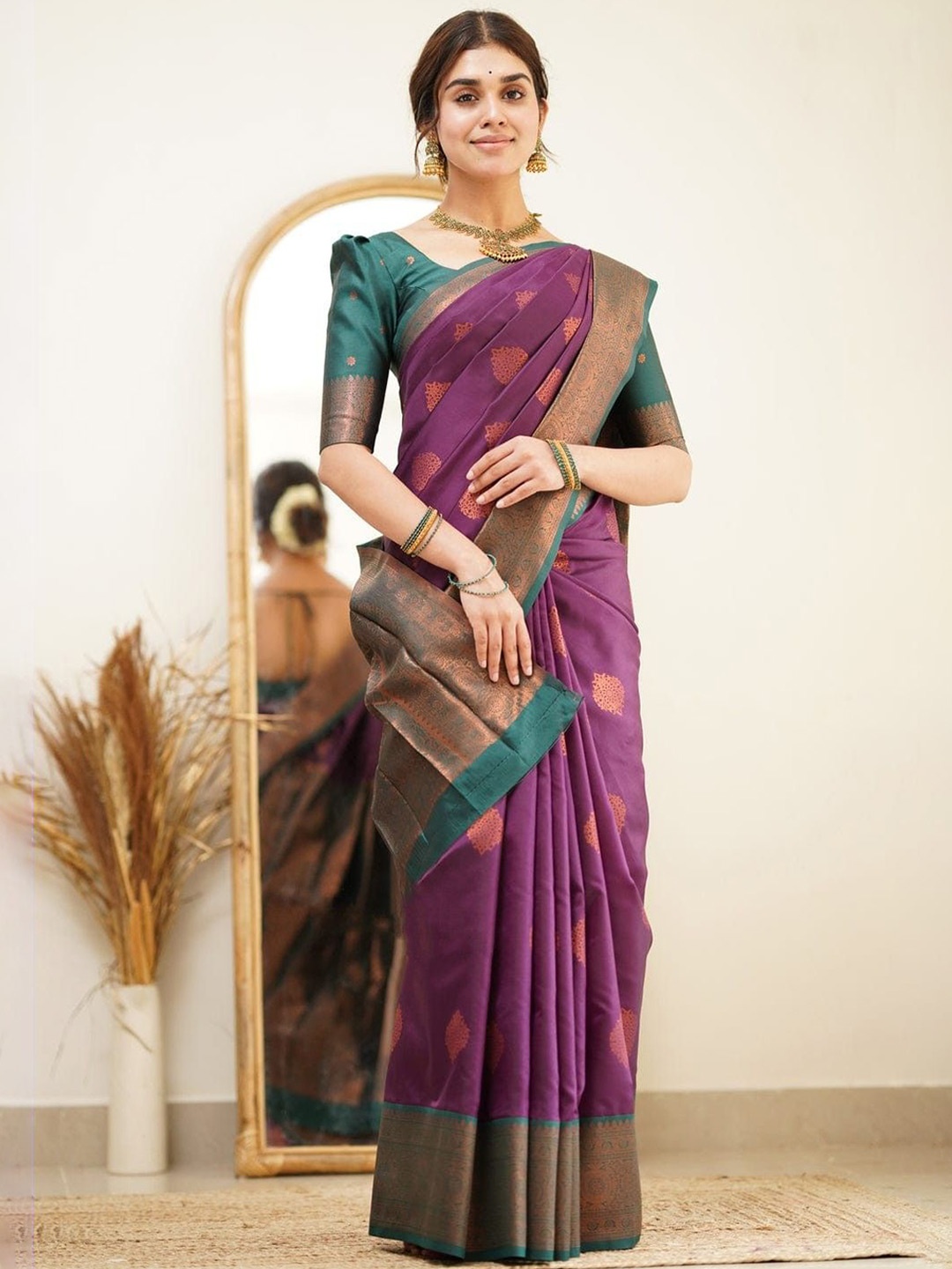 

KALINI Woven Design Zari Pure Silk Kanjeevaram Saree, Purple