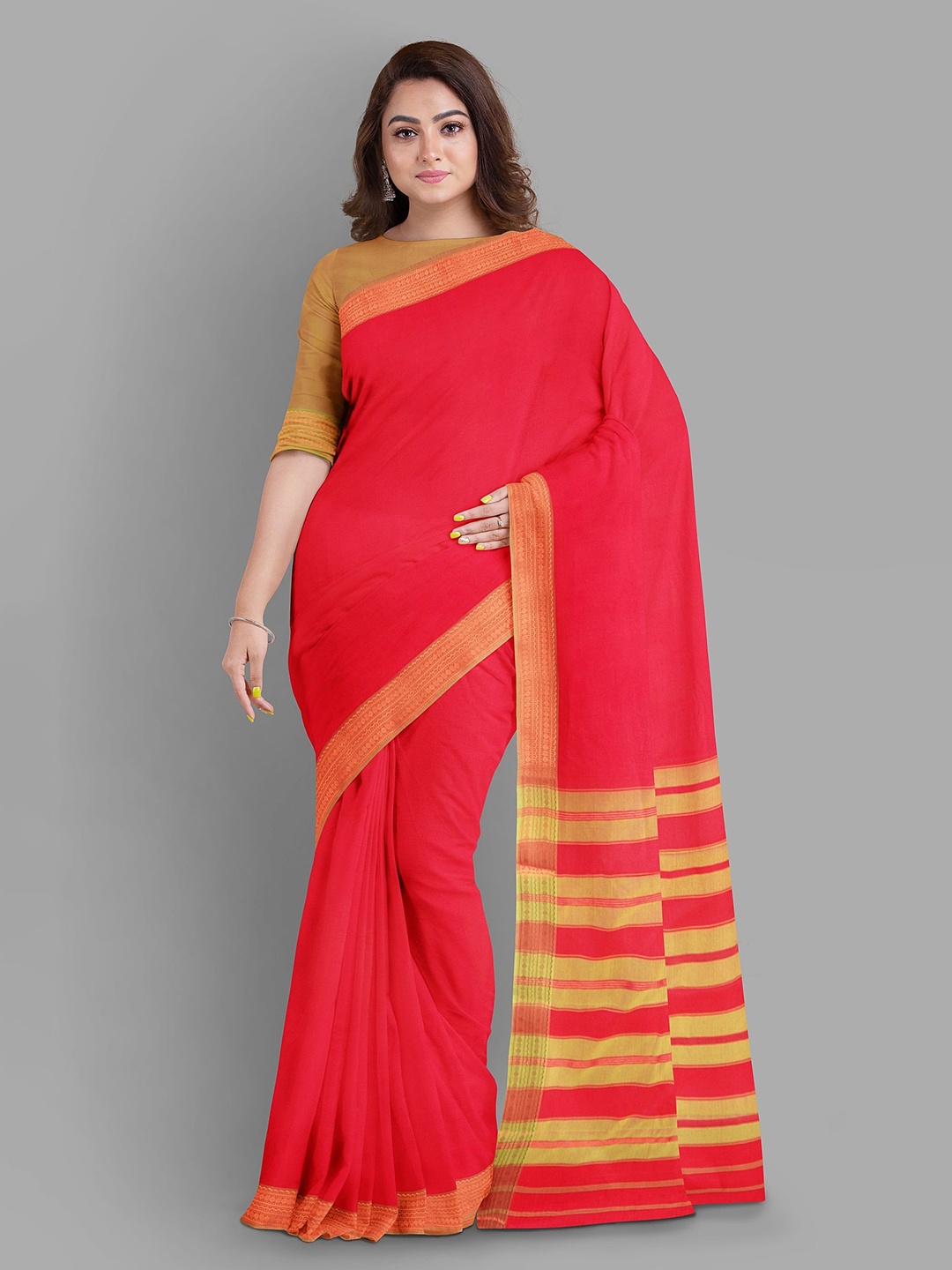 

The Chennai Silks Solid Zari Border Baluchari Saree With Blouse Piece, Red