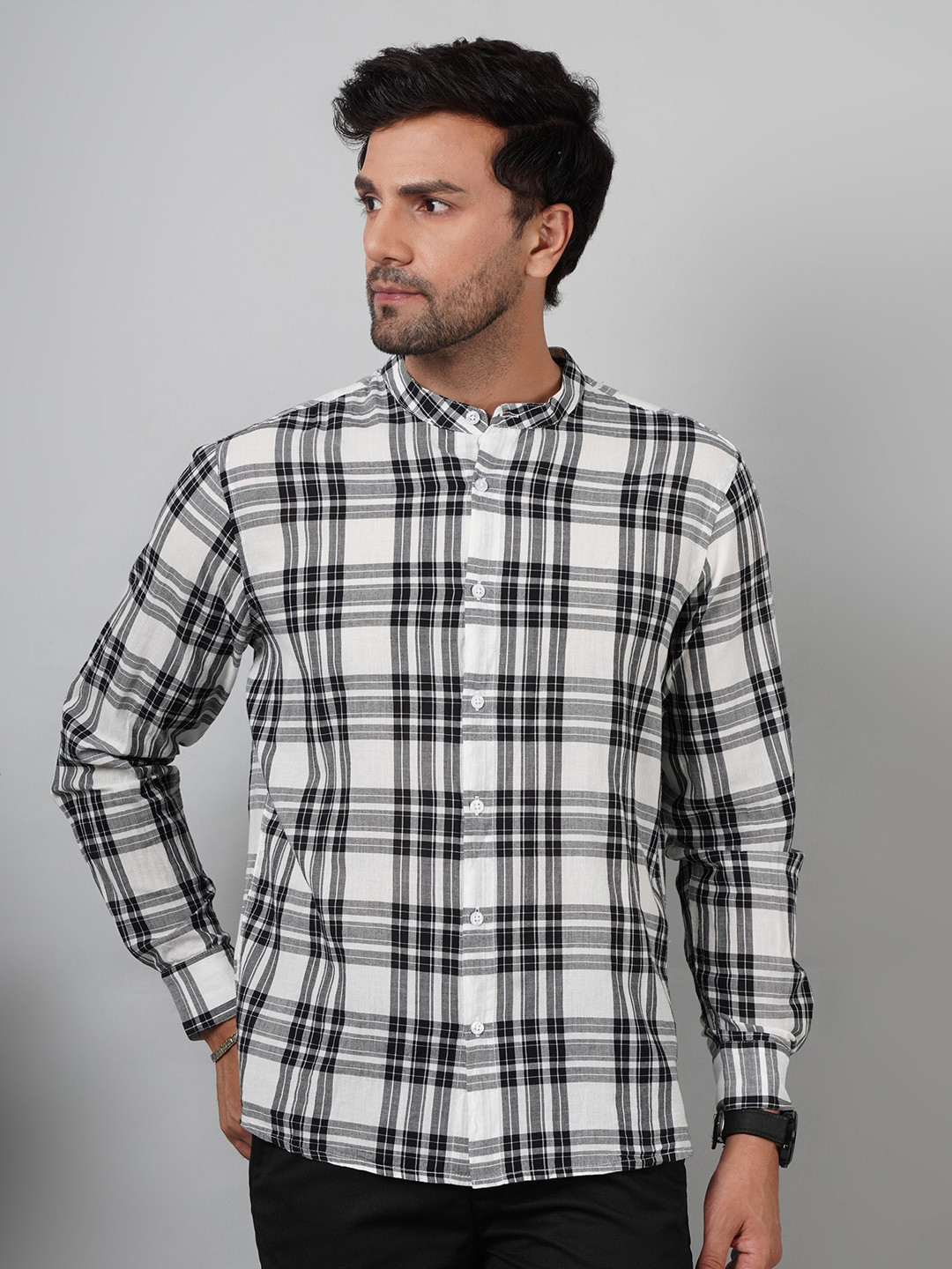 

NUEVOSDAMAS Men Smart Band Collar Tartan Checked Cotton Casual Shirt, Black