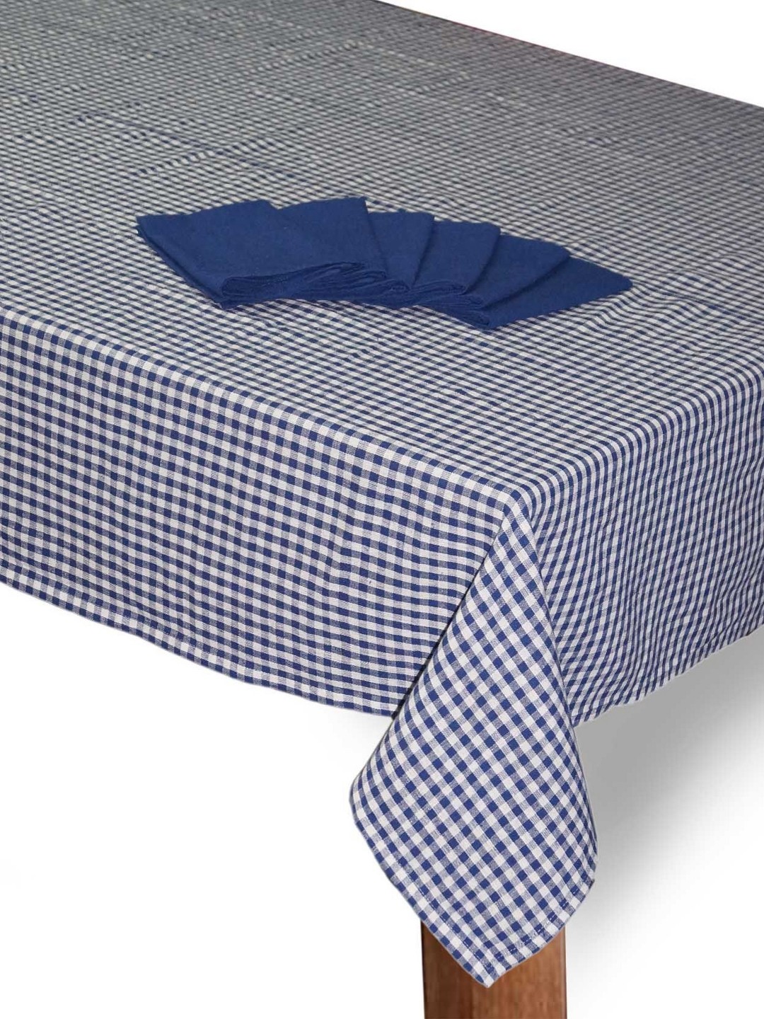 

Lushomes Blue & White 7 Pieces Checked Pure Cotton Table Linen Set