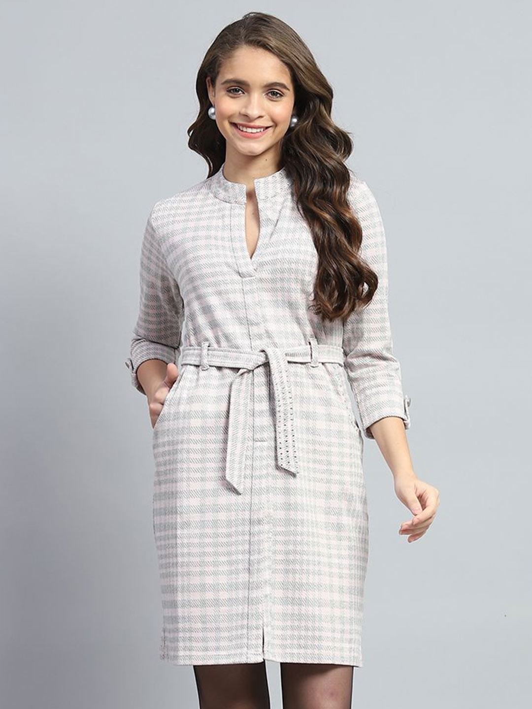 

Monte Carlo Women Striped Woollen Sheath Dress, Grey