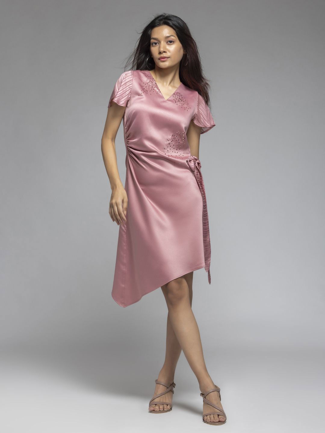 

SHAYE Women Embellished Embroidered Cape Sleeve Satin A-Line Dress With Belt, Pink