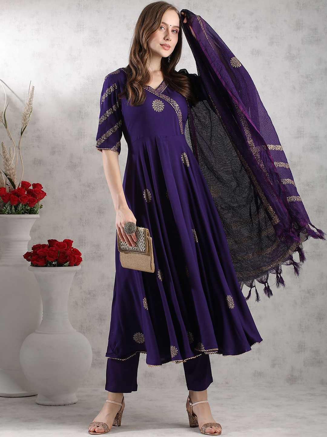 

KALINI Floral Printed Angarkha Styled Anrakali Kurta With Trousers & Dupatta, Purple