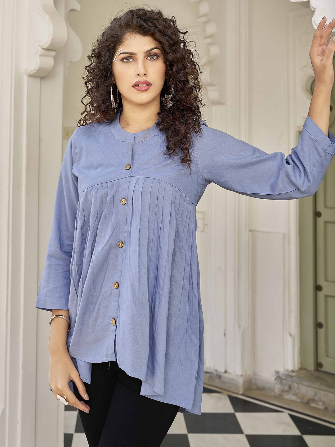 

Flossy Women Mandarin Collar Indigo Tunic, Blue