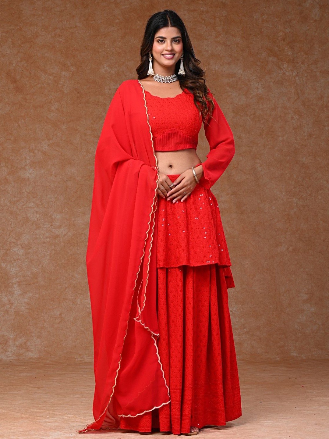 

Futra Gabha Embroidered Sequinned Semi-Stitched Lehenga & Unstitched Blouse With Dupatta, Red